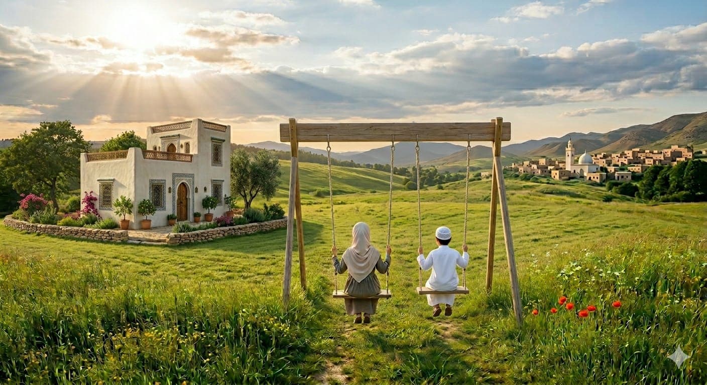 Deux enfants sur des balançoires dans un paysage marocain verdoyant