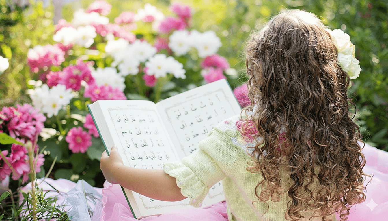 Enfant lisant un livre en arabe dans un jardin fleuri